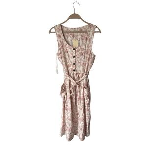 Monteau Linen Blend Dress medium White pink/red Floral Flutter Sleeveless